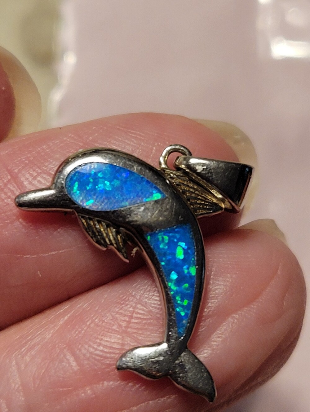 Dolphin Pendant with Blue Opal Inlay